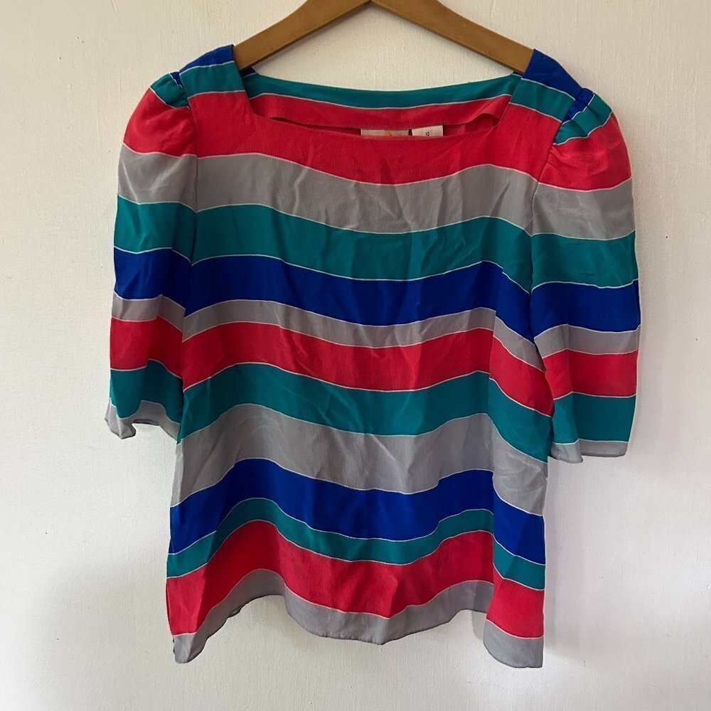 Liz Claiborne Y2K Silk Blouse Womens 10 Striped Square Neck Short Sleeve FLAW